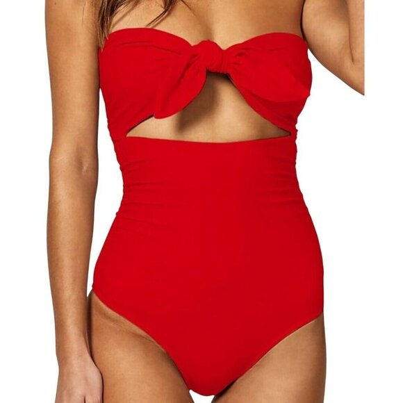 Stunning Red Bandeau Tie Front Cut Out One Piece Swimsuit Size XL - Picture 1 of 9